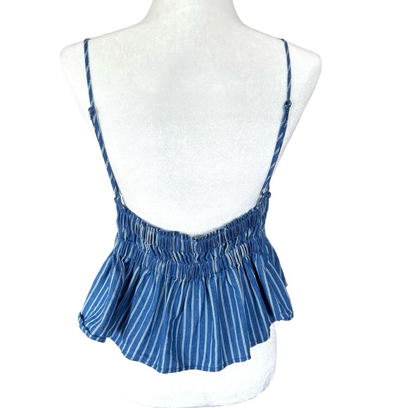 Ganji Cropped Cami Top Medium Boho Cottage Peplum Festival Blue Chambray Stripe‎ - Picture 2 of 9